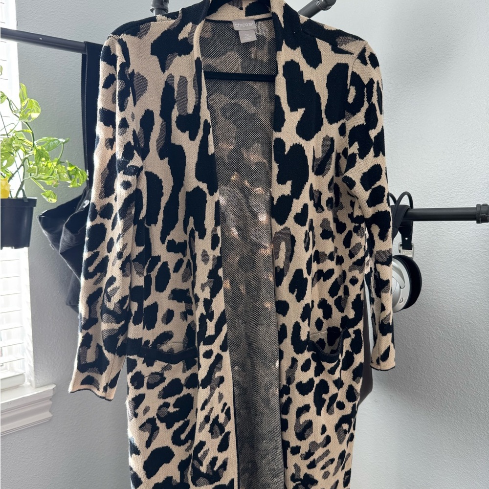 Chico's Long Open Front Leopard Print Cardigan in Black and Cream